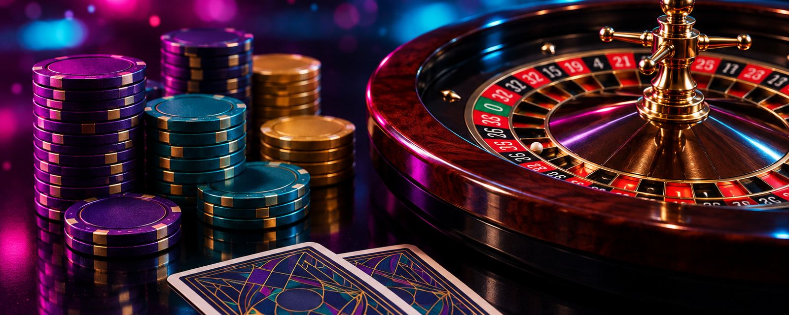 Casinomhub ana görsel: oyun masasında yığılı jetonlar, rulet çarkı ve neon ışıklı arka plan